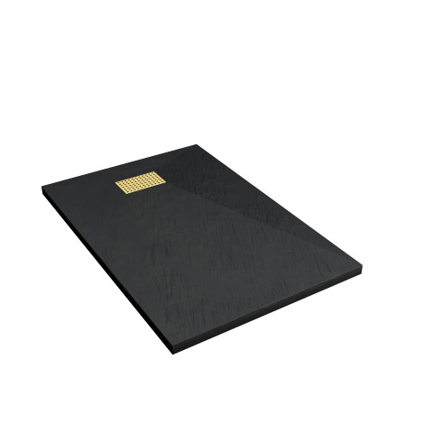 Pack receveur noir effet pierre 80x120 cm et grille décor perforée or doré brossé - rock 2