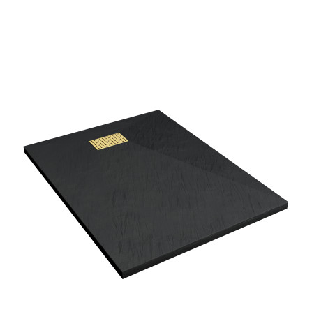 Pack receveur noir effet pierre 90x120 cm et grille décor perforée or doré brossé - rock 2