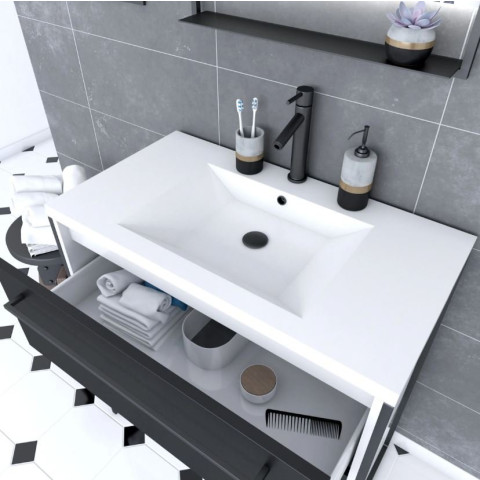 Pack meuble de salle de bain 80×50 cm Blanc - 2 tiroirs - Vasque résine blanche - Miroir LED Aurlane - PACM022