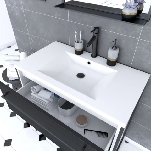 Pack meuble de salle de bain 80x50 Blanc - 2 tiroirs + vasque résine blanche + miroir noir mat Aurlane - PACM023