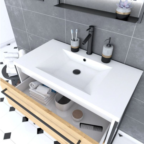 Pack meuble de salle de bain 80x50 cm Blanc - 2 tiroirs blanc - Vasque blanche - Miroir à led Aurlane - PACM033