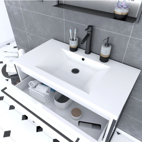 Pack meuble de salle de bain 80x50cm Blanc - 2 tiroirs - vasque blanche et miroir noir mat Aurlane - PACM011