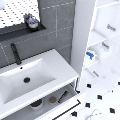 Pack meuble de salle de bain 80x50cm Blanc - 2 tiroirs blanc - vasque blanche + miroir noir mat Aurlane - PACM014