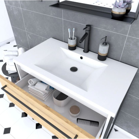Pack meuble de salle de bain 80x50cm Blanc - 2 tiroirs blanc vasque blanche + miroir noir mat Aurlane - PACM034