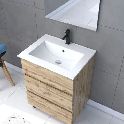 Pack Meuble SDB 60cm sur pieds 3 tiroirs Chêne - Vasque blanche + Miroir Led - TIMBER 60_Pack41 Aurlane - PACM251