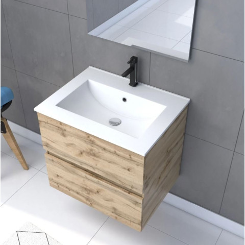 Pack Meuble SDB 60cm suspendu 2 tiroirs chêne - Vasque blanche + Miroir Led - TIMBER 60_Pack31 Aurlane - PACM241