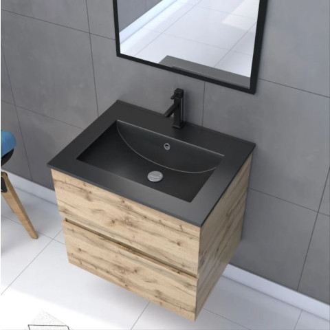 Pack Meuble SDB 60cm suspendu 2 tiroirs chêne - Vasque noire + Miroir - TIMBER 60_Pack07 Aurlane - PACM217