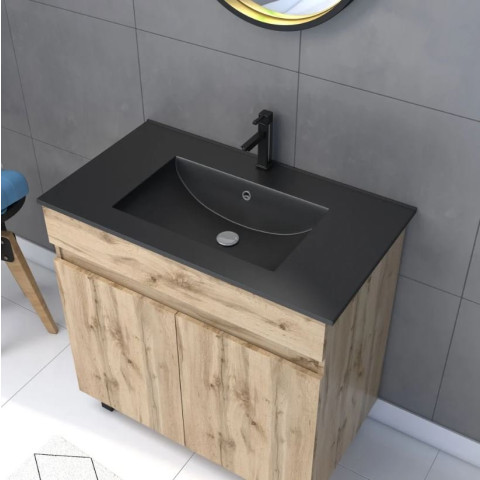 Pack Meuble SDB 80cm sur pieds 2 portes chêne - Vasque noire + Miroir Barber - TIMBER 80_Pack24 Aurlane - PACM234