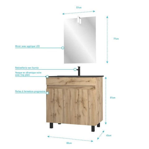 Pack Meuble SDB 80cm sur pieds 2 portes chêne vasque noire + Miroir Led - TIMBER 80_Pack23 Aurlane - PACM233