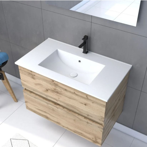 Pack Meuble SDB 80cm suspendu 2 tiroirs chêne - Vasque blanche + Miroir Led - TIMBER 80_Pack36 Aurlane - PACM246