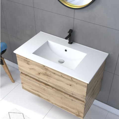 Pack Meuble SDB 80cm suspendu 2 tiroirs chêne Vasque blanche + Miroir Barber - TIMBER 80 - Pack38 Aurlane - PACM248