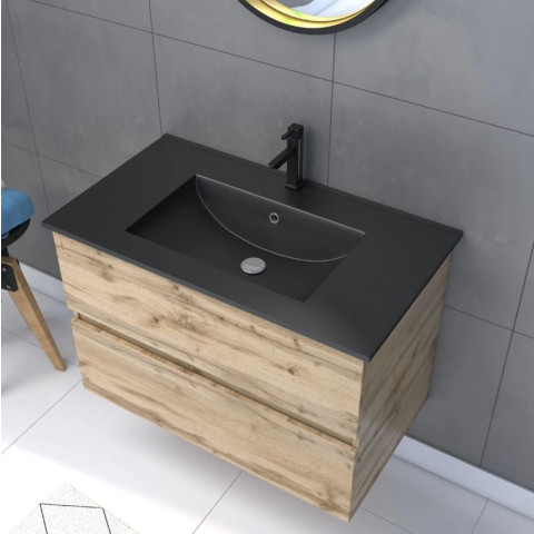 Pack Meuble SDB 80cm suspendu 2 tiroirs chêne + vasque noire + miroir Barber - TIMBER 80_Pack34 Aurlane - PACM244
