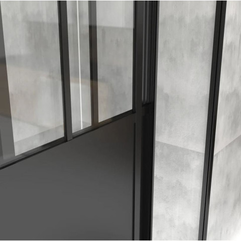 Pack Porte coulissante Noire mate type atelier et receveur à grille linéaire effet pierre - 120x90x200 cm Aurlane - PACF006