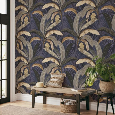 Papier peint Banane jungle tropicale foncé - BANANA VARIANTE BLUE++