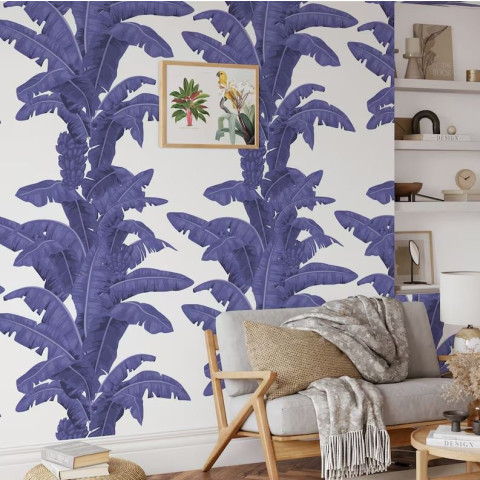 Papier peint palmiers exotiques Blanc et Bleu - PALMEBLUE++