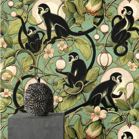 Papier peint singes et de lanternes ludiques - SCIMMIETTE VERDE++