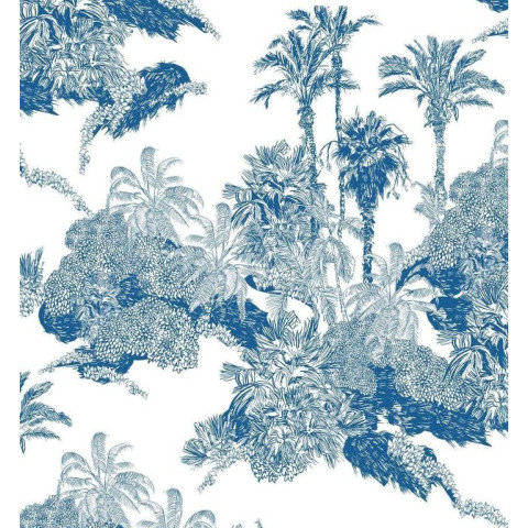 Papier peint Toile de Jouy Palmier bleu - TOILE BLUE
