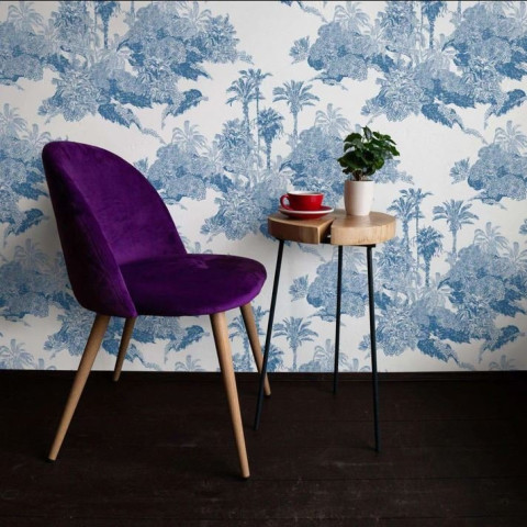 Papier peint Toile de Jouy Palmier bleu - TOILE BLUE