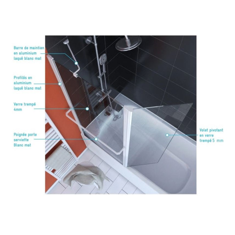 Pare baignoire avec volet pivotant 130x105cm profile aluminium laque blanc et verre transparent - HERITAGE Aurlane - FAC278
