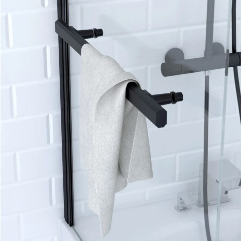 Pare baignoire pivotant 150x85cm profile aluminium noir mat avec verre transparent et porte serviette - TSHAPE Aurlane - FAC273
