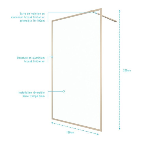 Paroi de douche 120x200 cm - Cadre et bras aluminium Or Doré Brossé - GOLDY CONTOURING - FAC664