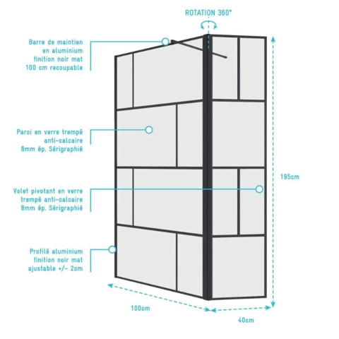 Paroi de douche avec volet pivotant - Verre anticalcaire 8mm - Motifs et Profilé Noir Mat - DARK BLOCKS Aurlane - Dimensions au choix