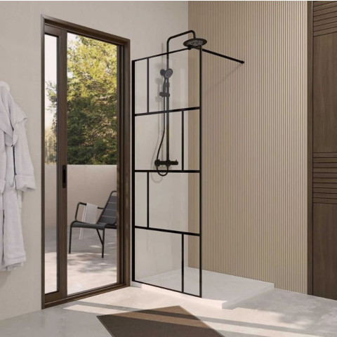 Paroi de douche Sérigraphie Brique - Verre anticalcaire 8mm - Profilé Noir Mat - DARK BLOCKS Aurlane - Dimensions au choix