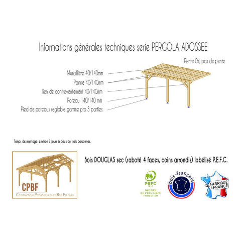 Pergolas adossee, 400cmx350cm, bois douglas francais, carport, auvent, abri terrasse, cpbf-pergomur400x350