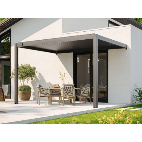 Pergola Bioclimatique 4x3m Adossee ZENITH - Gris Anthracite - 29 Lames Orientables 90° - Manivelle Fournie - Structure en Aluminium