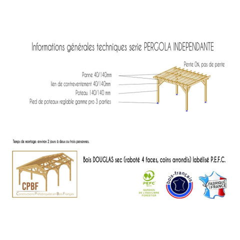 Pergolas independante, 550cmx500cm, bois douglas francais, carport-auvent, abri terrasse, cpbf-pergoind550x500