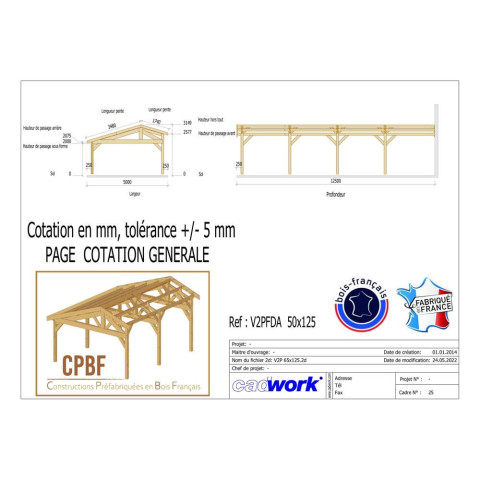 Abri deux pentes faitage decale adosse, 500cmx1250cm, bois douglas francais, carport, auvent, abri voiture, cpbf-v2pfda500x1250