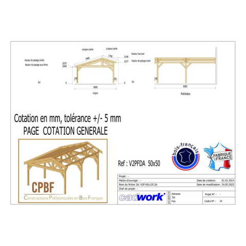 Abri deux pentes faitage decale adosse, 500cmx500cm, bois douglas francais, carport, auvent, abri voiture, cpbf-v2pfda500x500