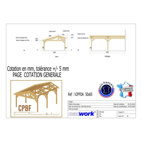 Abri deux pentes faitage decale adosse, 500cmx650cm, bois douglas francais, carport, auvent, abri voiture, cpbf-v2pfda500x650