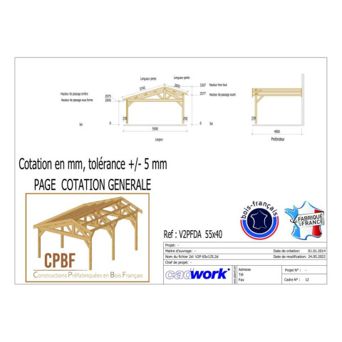 Abri deux pentes faitage decale adosse, 550cmx450cm, bois douglas francais, carport, auvent, abri voiture, cpbf-v2pfda550x450