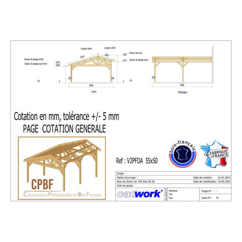 Abri deux pentes faitage decale adosse, 550cmx500cm, bois douglas francais, carport, auvent, abri voiture, cpbf-v2pfda550x500