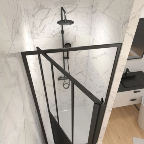 Porte de douche pivotante type atelier 90x200cm - Profilé noir mat - Verre 5mm Aurlane - FAC351