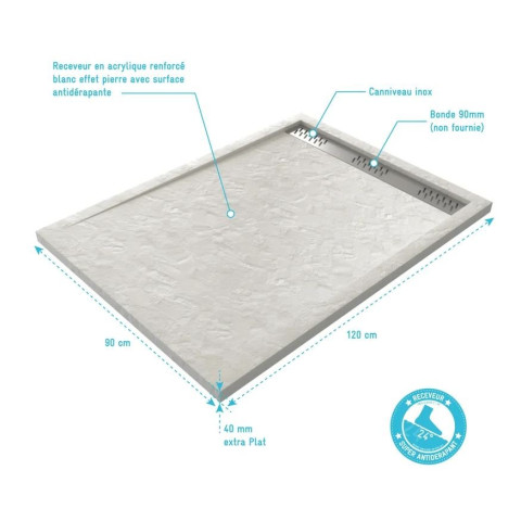 Receveur en acrylique blanc effet pierre 90x120x4 cm - Grille linéaire chrome - MOON Aurlane - FAC612