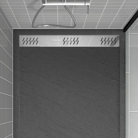 Receveur en acrylique gris effet pierre 90x120x4 cm - Grille linéaire chrome- METEORA Aurlane - FAC394