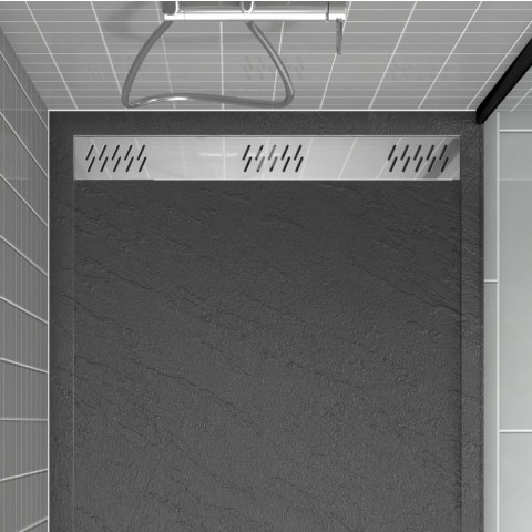 Receveur en acrylique Gris Effet Pierre 90x90x4 cm - Grille Linéaire Chrome - METEORA Aurlane - FAC391