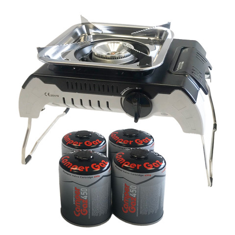 Réchaud gaz piezo 2400w fivestar + 4 cartouches gaz 450 gr butane-propane avec pieds pliables + mallette de transport