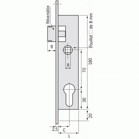 Serrure à larder 1 point bec-de-cane à cylindre européen axe 24,5 mm - pour gâche électrique métalux 9