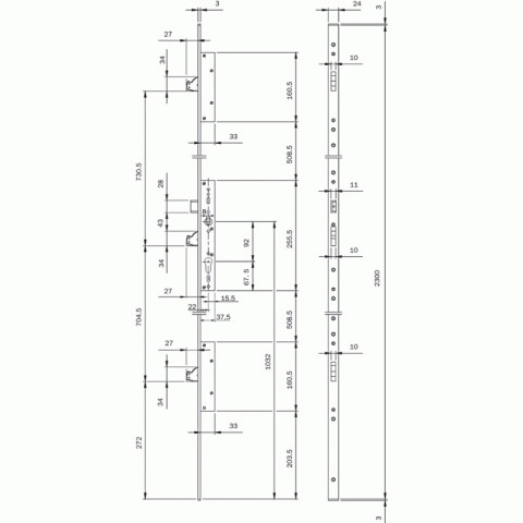 Serrure à larder pour profil étroit multiblindo 3 points têtière plate de 2300 x 24 x 3 mm entraxe 92 mm axe à 32 mm