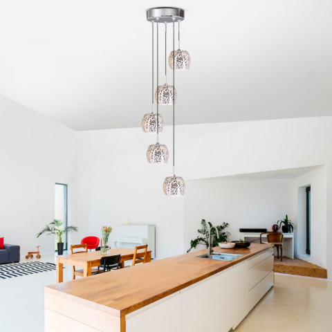 Suspension 5 ampoules crackle, en chrome et verre blanc