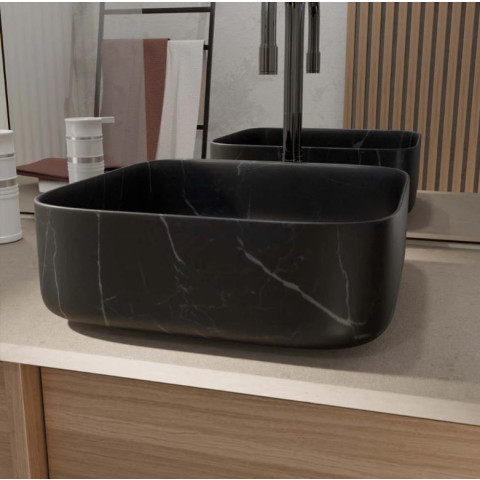 Vasque à poser carrée en céramique noire mat effet marbre 38x38x14 cm - BLACK MARBLE Aurlane - VAS073