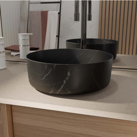 Vasque à poser ronde en céramique noire mat effet marbre Ø36x12 cm - BLACK MARBLE Aurlane - VAS071