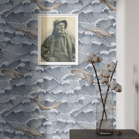 Papier peint vintage avec vagues et baleines - BALENE ONDE++